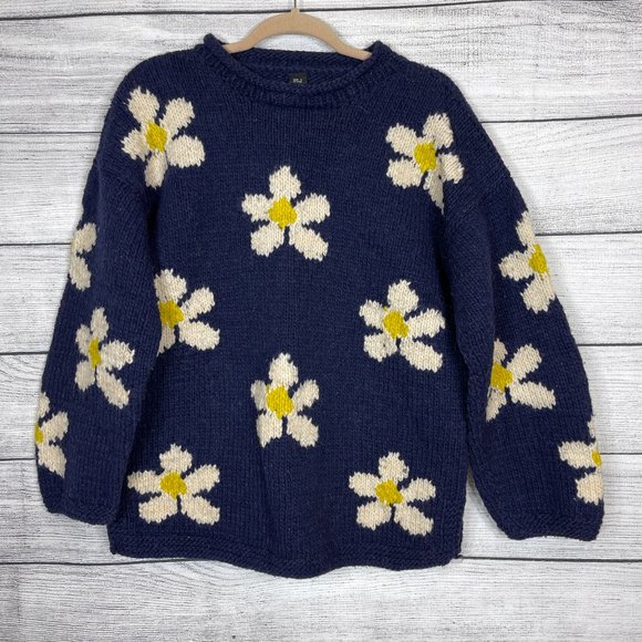 Sweaters - Vintage Navy Hand Knitted 100% Wool Daisy Floral Boxy Jumper Made in Ecuador